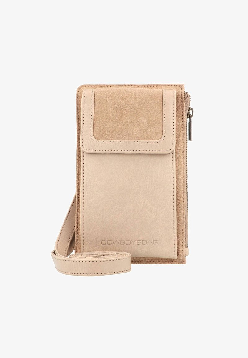 Borsa a tracolla in pelle beige con un morbido flap in suede, chiusura con zip e tracolla regolabile. Presenta un logo del marchio impresso sul fronte.