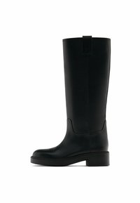 Black leather knee-high boot with a smooth texture, rounded toe, minimalistic design, and a block heel. Features a rear pull-tab.