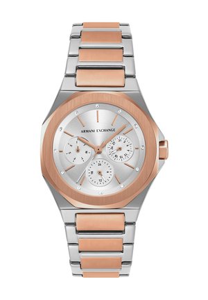 Orologio da polso Armani Exchange con bracciale in metallo silver e oro rosa, quadrante rotondo, tre sottoquadranti e indici orari minimalisti.