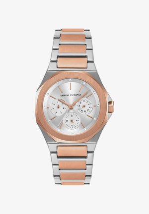 Orologio da polso Armani Exchange con bracciale in metallo silver e oro rosa, quadrante rotondo, tre sottoquadranti e indici orari minimalisti.