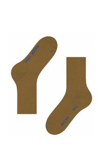 Due calze marroni disposte piatte, una con polsino a coste; entrambe presentano una scritta blu con il marchio "WALK LIGHT" e "FALKE 39-41" sulle suole.