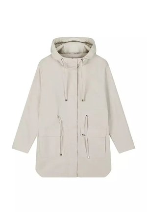Jasno beżowa kurtka z kapturem, z przednim zamkiem błyskawicznym, ściągaczami na kapturze i w pasie oraz dwiema dużymi przednimi kieszeniami.