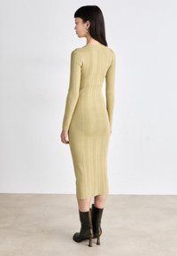 Long-sleeve, body-hugging dress in soft light green knit with vertical ribbed texture. Below-the-knee length, paired with black heeled boots.