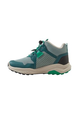 Niskie sportowe buty z siateczki w kolorze morskim i szarym z zielonymi akcentami i beżową podeszwą, wyposażone w system zapinania na zacisk.