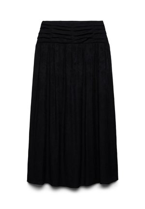 Jupe midi noire avec taille froncée et plissée subtilement en vertical, fabriquée en tissu léger.