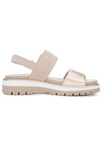 Beige sandalen met een matte leren bovenwerk, een glanzende metalen band en een stevige witte zool met textuur voor grip.