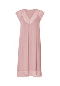 Vestaglia rosa con maniche a cappuccio in pizzo, scollatura a V e bordo in pizzo all'orlo. Realizzata in tessuto morbido, presenta una vestibilità ampia e una texture delicata.