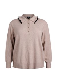 Pullover beige con colletto caratterizzato da volant neri, patta con cinque bottoni, maniche lunghe e orlo a coste, realizzato in un materiale morbido e testurizzato.