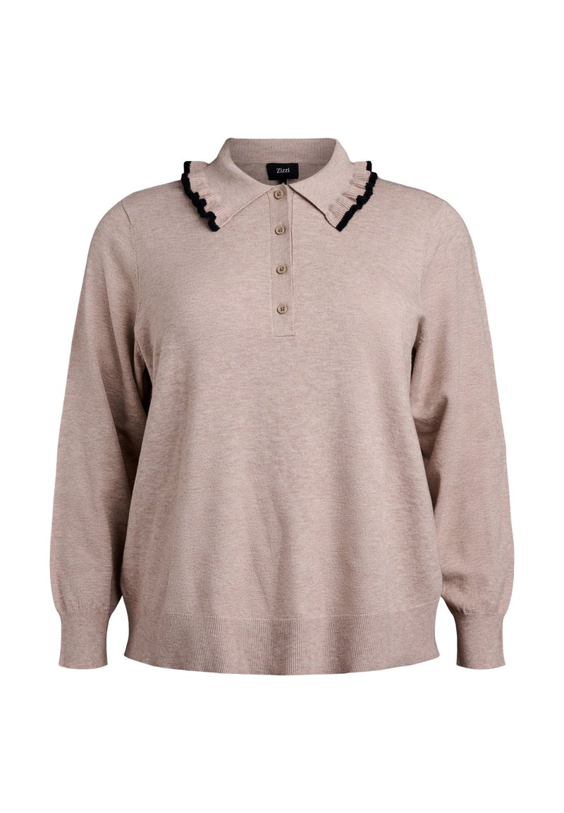 Pullover beige con colletto caratterizzato da volant neri, patta con cinque bottoni, maniche lunghe e orlo a coste, realizzato in un materiale morbido e testurizzato.