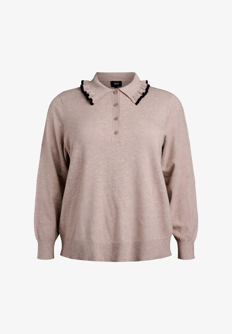 Pullover beige con colletto caratterizzato da volant neri, patta con cinque bottoni, maniche lunghe e orlo a coste, realizzato in un materiale morbido e testurizzato.