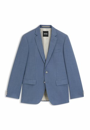 Blazer bleu clair en tissu texturé. Doté de revers crantés, de deux poches avant, d'une fermeture à un bouton, et d'une doublure intérieure contrastée.