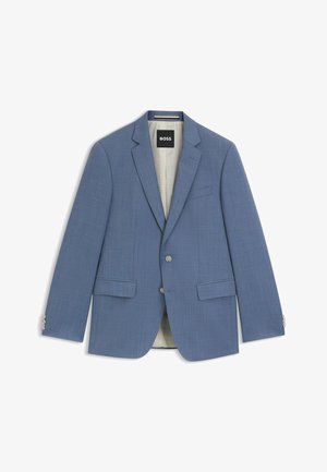 Blazer bleu clair en tissu texturé. Doté de revers crantés, de deux poches avant, d'une fermeture à un bouton, et d'une doublure intérieure contrastée.