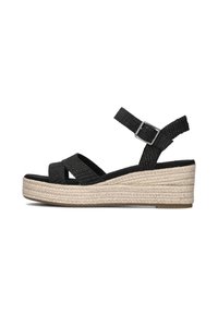 Zwarte wedge sandalen met kruislingse stoffen banden, een gesloten enkelband en een textuur, gevlochten jute platformzool.