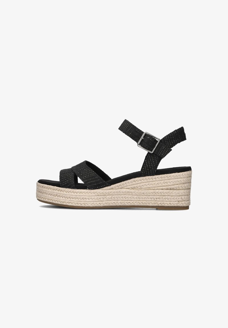 Zwarte wedge sandalen met kruislingse stoffen banden, een gesloten enkelband en een textuur, gevlochten jute platformzool.