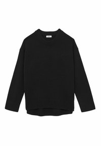 Pull en maille noir avec un col rond, des poignets et un ourlet côtelés, présentant une coupe légèrement surdimensionnée et décontractée ainsi qu'une texture lisse.
