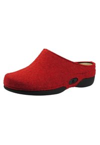 Red felt clogs with a contoured black sole, featuring a smooth texture and a low back design for easy slip-on wear. Simple side logo detail.