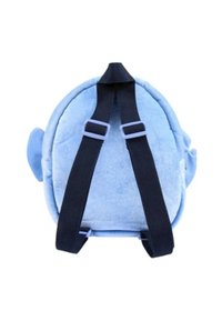 Zaino in peluche blu di forma rotonda, con una consistenza morbida e spallacci neri regolabili. Presenta orecchie arrotondate sui lati.