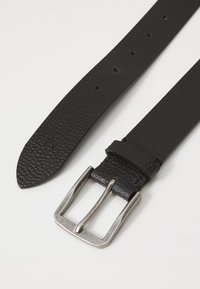 Black leather belt with a textured finish, silver-colored metal buckle, and multiple adjustment holes along its length.