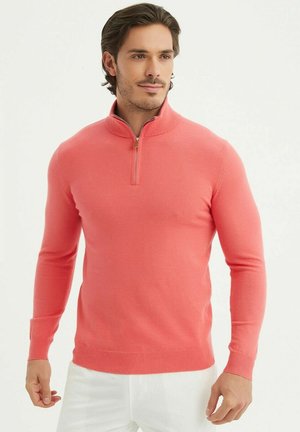 Pull en corail à col zippé avec manches longues, bords côtelés et ourlet. Texture douce et coupe ajustée, idéale pour un style décontracté.