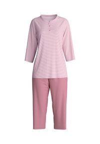 Roze, gestreepte top met lange mouwen en een ronde halslijn, voorzien van drie knopen, gecombineerd met effen roze, enkel-lange broek, gemaakt van zachte stof.