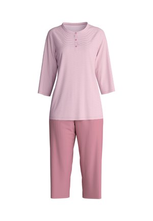 Pink, striped, long-sleeve top with a crew neckline and three buttons, paired with solid pink, ankle-length pants, made from soft fabric.