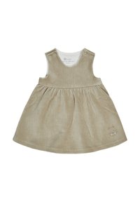 Beiges Corduroykleid mit ausgestelltem Rock, rundem Ausschnitt und Druckknöpfen an den Schultern. Mit einem gestickten Katzenkopf-Detail.