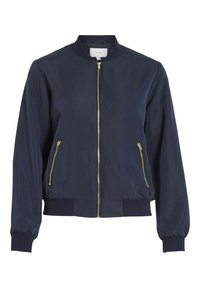 Mörkblå bomberjacka i slätt tyg med dragkedja framtill, två sidofickor med guldfärgade dragkedjor samt ribbstickade muddar och fåll.