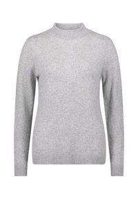 Világosszürke pulóver, puha anyagból készült, kerek nyakkivágással, hosszú ujjal, bordázott mandzsettákkal és aljjal. Egyszerű, sima textúra.