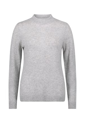 Hellgrauer Pullover aus weichem Stoff, mit Rundhalsausschnitt, langen Ärmeln sowie gerippten Bündchen und Saum. Schlichte, glatte Textur.