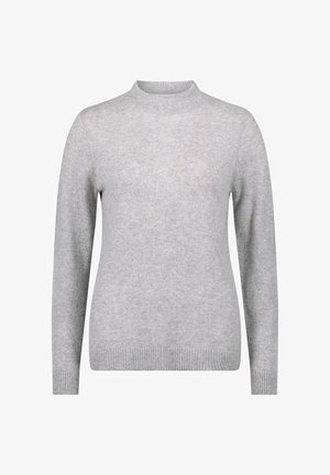 Hellgrauer Pullover aus weichem Stoff, mit Rundhalsausschnitt, langen Ärmeln sowie gerippten Bündchen und Saum. Schlichte, glatte Textur.