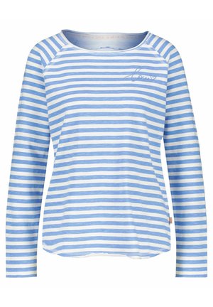 Koszula z długim rękawem w jasno niebieskie i białe poziome paski z małym logo na górnej lewej piersi.