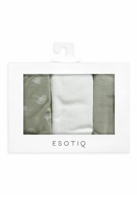 Set von drei Damensocken mit zwei grünen Paaren mit Blattmustern und einem weißen, gerippten Paar, verpackt in einer Kartonbox.