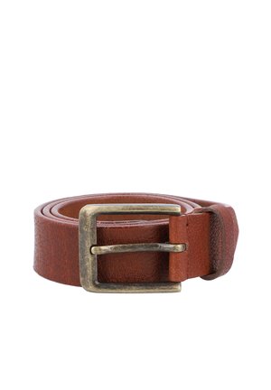 Brown leather belt with a textured finish and a rectangular brass buckle, featuring a single leather loop for adjustment and detailing.