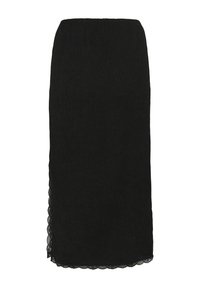 Jupe midi noire avec une silhouette ajustée et un bord en dentelle le long du côté gauche et de l'ourlet sur fond blanc.