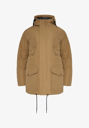 Brun isoleret jakke med høj krave, frontlynlås, store brystlommer og justerbar snøre i kanten. Glat tekstur.