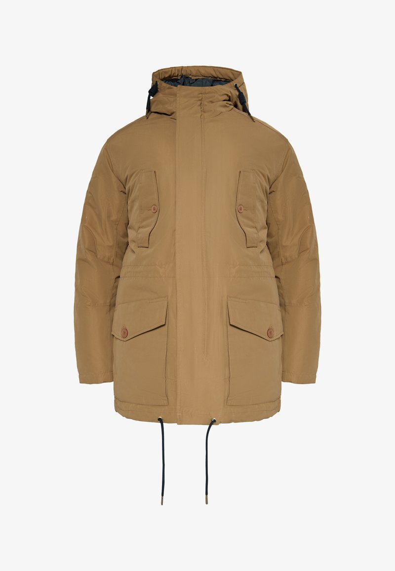 Barna szigetelt dzseki magas gallérral, elülső cipzárral, nagy mellzsebekkel és állítható zsinórral az alján. Sima textúra.