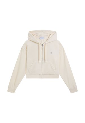 Roomkleurige cropped hoodie met ritssluiting aan de voorkant, capuchon met koord, kangoeroezak en een klein geborduurd logo op de linkerborst.