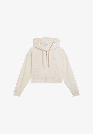 Roomkleurige cropped hoodie met ritssluiting aan de voorkant, capuchon met koord, kangoeroezak en een klein geborduurd logo op de linkerborst.