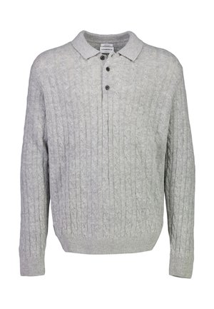 Pullover grigio in maglia con colletto polo, caratterizzato da un motivo a treccia testurizzata, tre bottoni e polsini e orlo a coste.