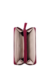 Burgundy leather wallet with a zip closure, featuring multiple card slots and a smooth beige interior for organized storage.