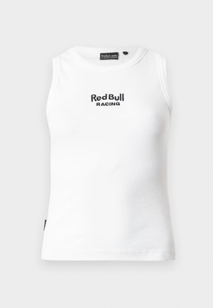 Λευκό αμάνικο ριμπ φόρεμα με το λογότυπο «Red Bull Racing» κεντημένο σε μαύρο χρώμα στο στήθος, εμφανιζόμενο σε ανοιχτό φόντο.