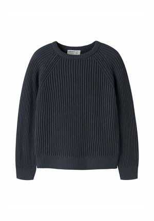 Pull en maille côtelée bleu marine foncé à manches longues, col rond et poignets ajustés, adapté pour un usage décontracté.