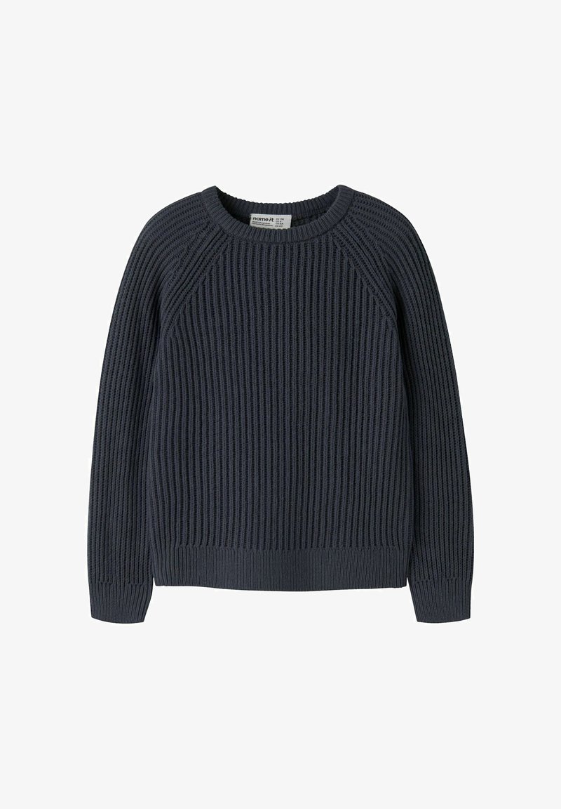 Pull en maille côtelée bleu marine foncé à manches longues, col rond et poignets ajustés, adapté pour un usage décontracté.