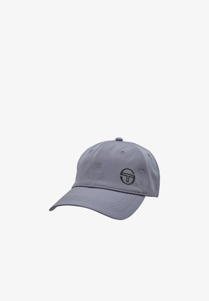 Cappellino da baseball grigio con visiera curva e logo circolare nero sul pannello frontale, mostrato su sfondo bianco.
