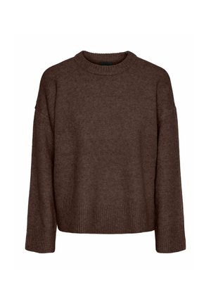 Bruine gebreide trui met een ronde halslijn, lange mouwen en ribbelsegmenten. De zachte textuur en de relaxte pasvorm verhogen het comfort en de veelzijdigheid.