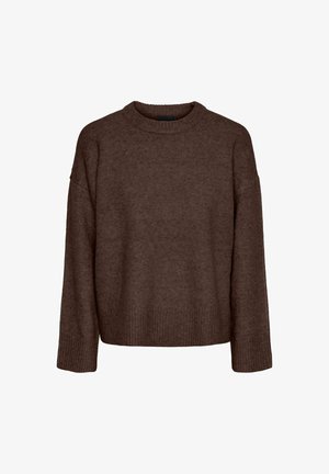 Brun strikket sweater med rund halsudskæring, lange ærmer og ribbestrik i kanten. Den bløde tekstur og afslappede pasform øger komforten og alsidigheden.