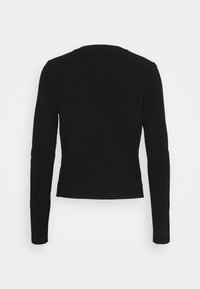 Pull noir en maille ajustée à manches longues avec une subtile texture côtelée, col rond et ourlet droit, montré de dos sur fond blanc.