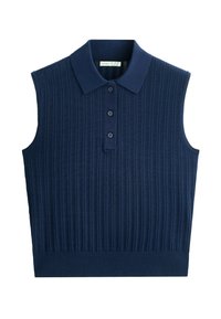 Haut polo sans manches en maille bleu marine avec texture côtelée et patte de boutonnage à trois boutons.