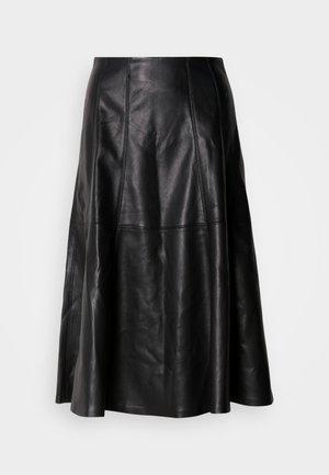 Black leather skirt with a flared silhouette, featuring visible stitching and a smooth texture. Mid-length design with a classic cut.
