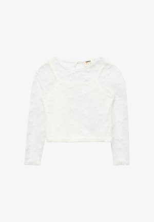 Hvid langærmet pige-top med mesh-overlag med hævede stjernemønstre og rund halsudskæring, mærket Koton Kids.